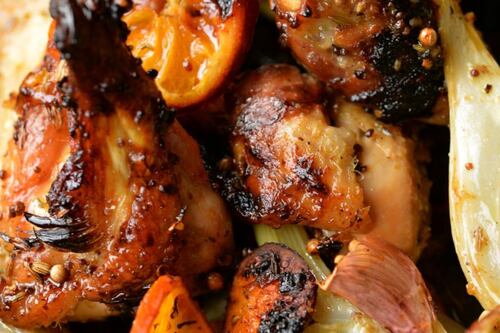 Roast chicken with fennel, marmalade and mustard