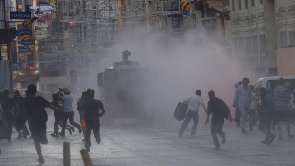Riot police use a water cannon to disperse protesters in central Istanbul yesterday. Photograph: Reuters/Murad Sezer