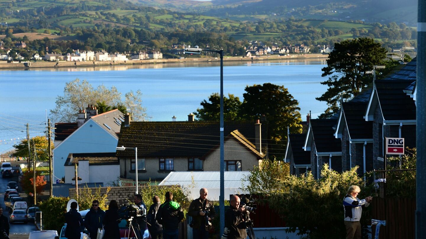Media near the Mullach Alainn estate in Co Louth where two men were shot dead including garda Tony Golden. Photograph: Dara Mac Dónaill / The Irish Times