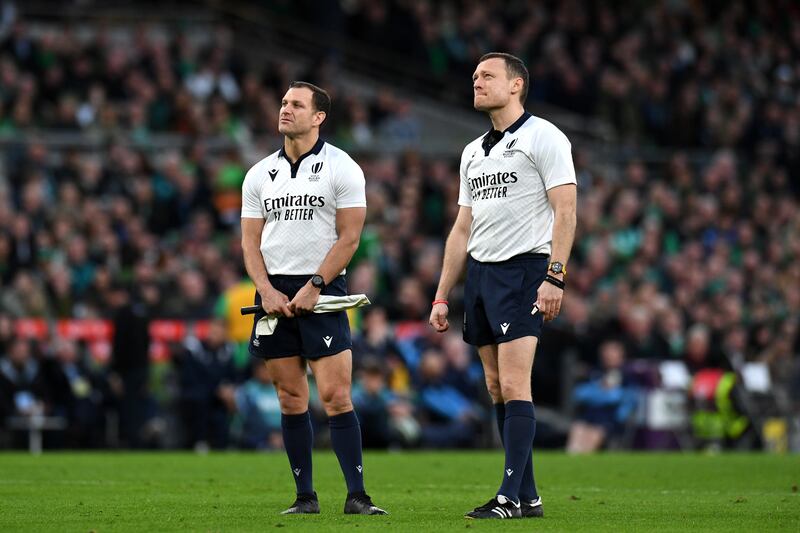 Referees Karl Dickson and Matthew Carley. Photograph: Charles McQuillan/Getty