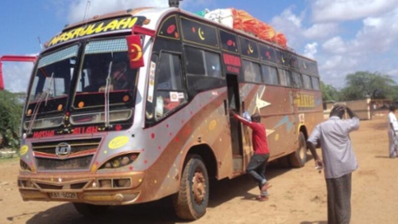 The bus that was attacked by gunmen is brought to the police station in Mandera town, north-eastern Kenya. Photograph: EPA