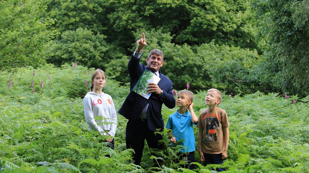 Minister of State at the Department of Agriculture Andrew Doyle with Fiachra (10) and Lorcan (8) Little and Kate Keena (11) at the launch of Ireland’s native woodland strategy. Photograph Nick Bradshaw