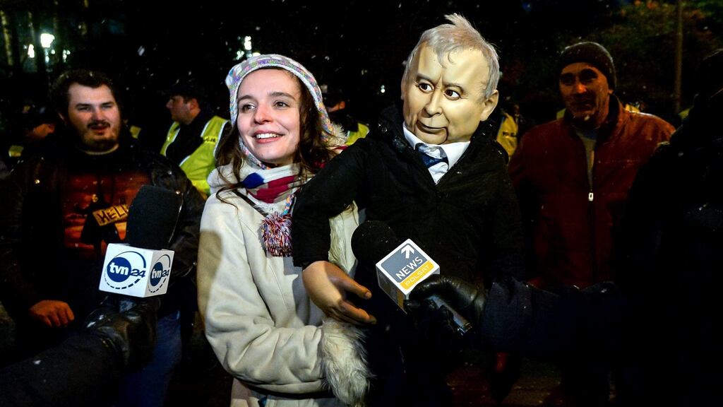 An effigy of Law and Justice (PiS) leader Jaroslaw Kaczynski at a protest in front of Poland’s parliament in Warsaw. Photograph: Marcin Obara/EPA