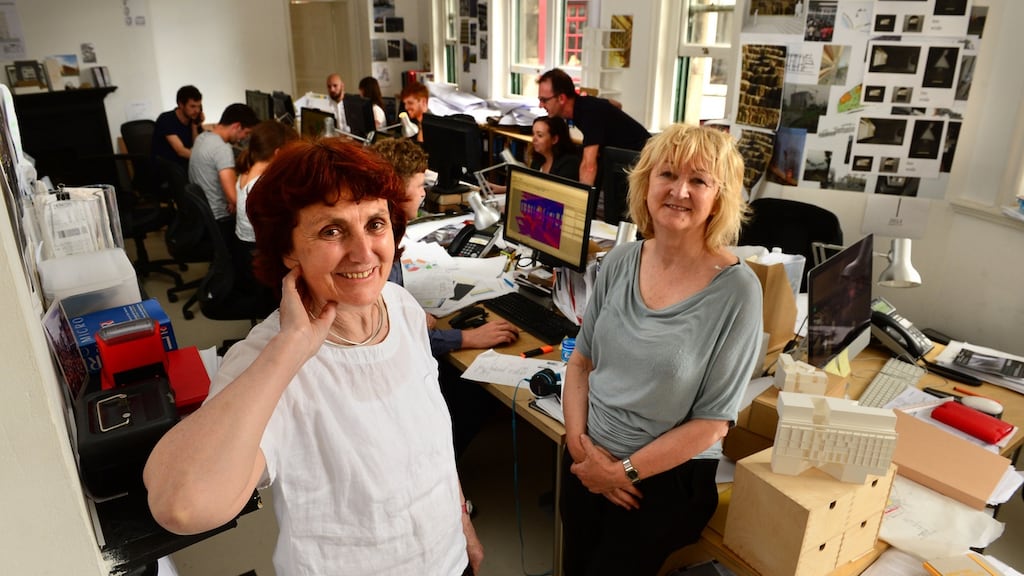 Shelly McNamara and Yvonne Farrell, of Grafton Architects, at their office in Dublin. Photograph: Dara Mac Dónaill