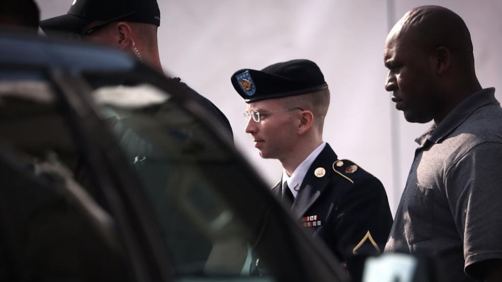 Private Bradley Manning being escorted from a military court at Fort Meade, Maryland, yesterday, after his court appearance. Photograph: Alex Wong/Getty Images