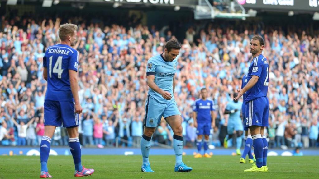 Manchester City’s Frank Lampard walks away without celebrating after scoring the equalising goal in the Premier League game against his old side Chelsea at the Etihad Stadium. Photograph: Dave Thompson/PA