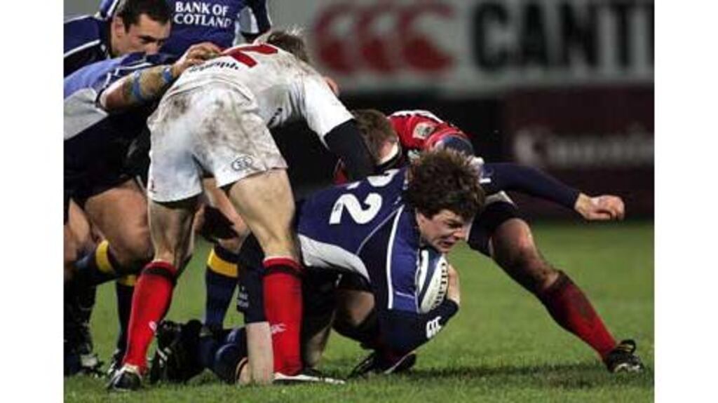 Brian O'Driscoll scrambles for every yard during his return for Leinster in last night's Celtic League clash with Ulster at Ravenhill in Belfast. The Ireland and Lions captain came on after 51 minutes for his first competitive action since the tour to New Zealand last summer, and played half an hour in Leinster's 24-19 win.