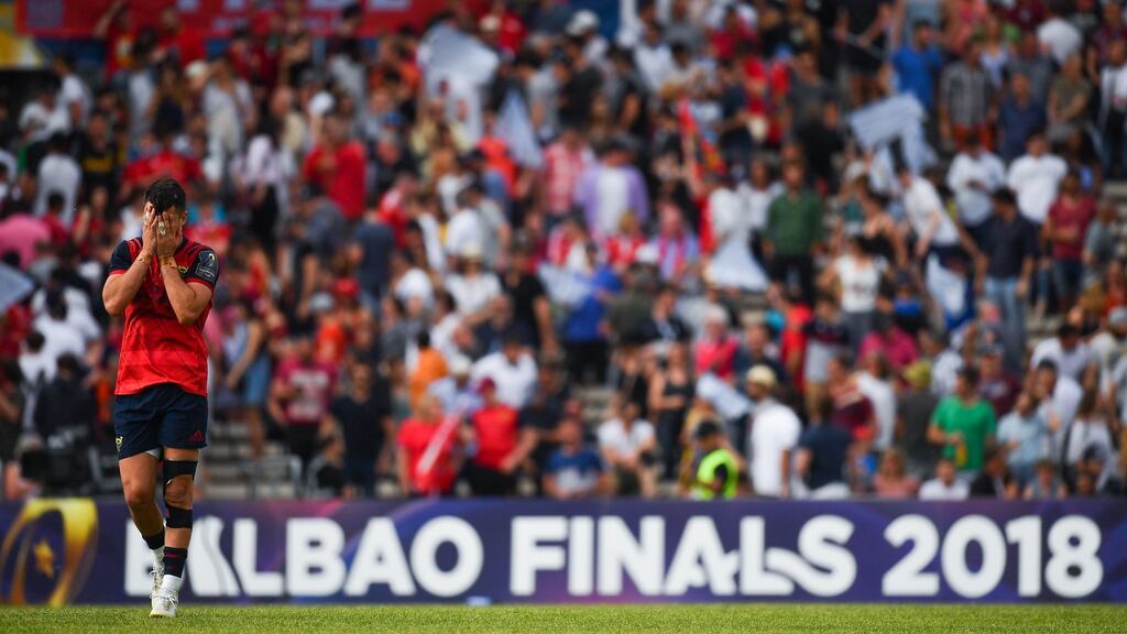 Conor Murray shows his dejection after Munster’s European Champions Cup semi-final defeat to Racing 92 at the Stade Chaban-Delmas in Bordeaux. Photograph: Brendan Moran/Sportsfile via Getty Images