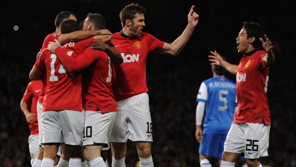 Manchester United players celebrate the early winner against Real Sociedad at Old Trafford. Photograph: Martin Rickett/PA Wire