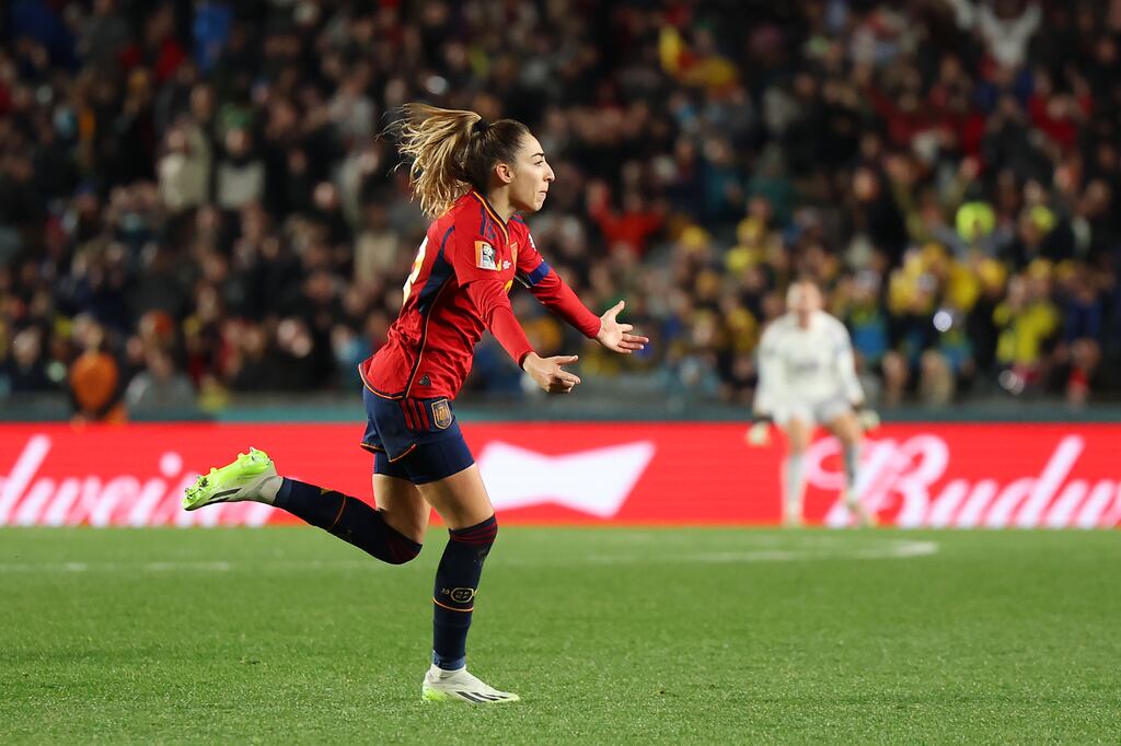 Olga Carmona of Spain celebrates after scoring the winning goal against Spain. Photograph: Phil Walter/Getty