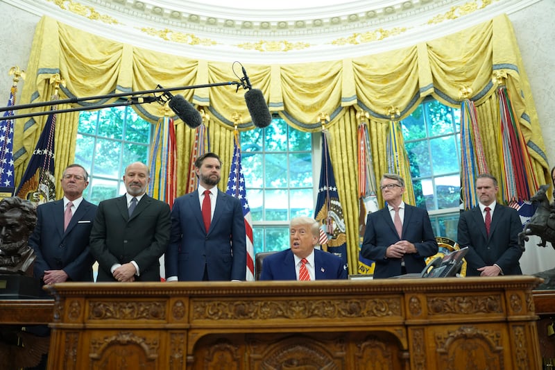 Peter Mandelson photographed alongside US president Donald Trump during the announcement of a trade agreement with Britain in May, 2025. Photograph: Eric Lee/ The New York Times