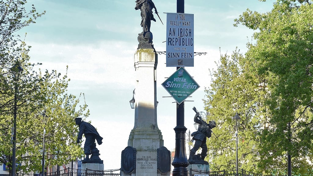Sinn Féin election posters on a lamppost at the top of Shipquay Street. Photograph: Trevor McBride