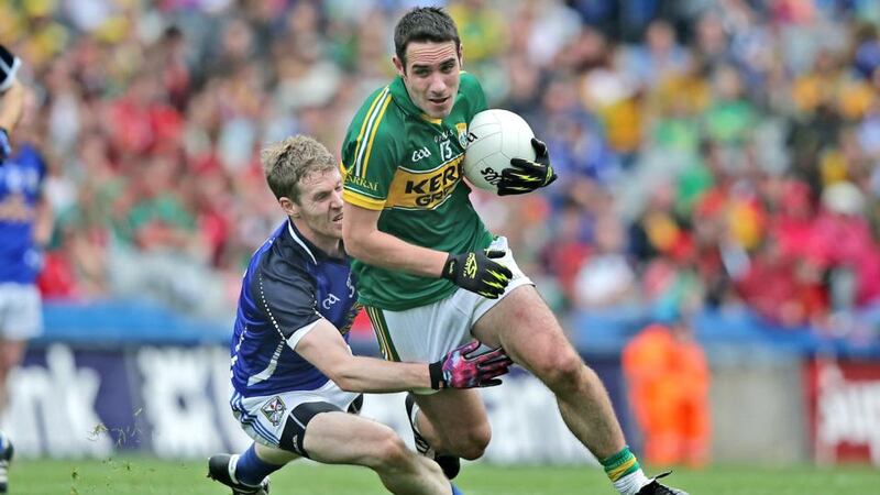 Kerry’s Declan O’Sullivan with Rory Dunne of Cavan at Croke Park. Photograph: Morgan Treacy/Inpho