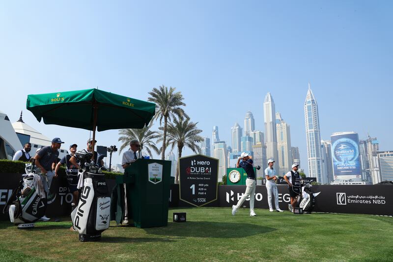Tom McKibbin tees off on the first hole on day two of the Hero Dubai Desert Classic. Photograph: Andrew Redington/Getty Images