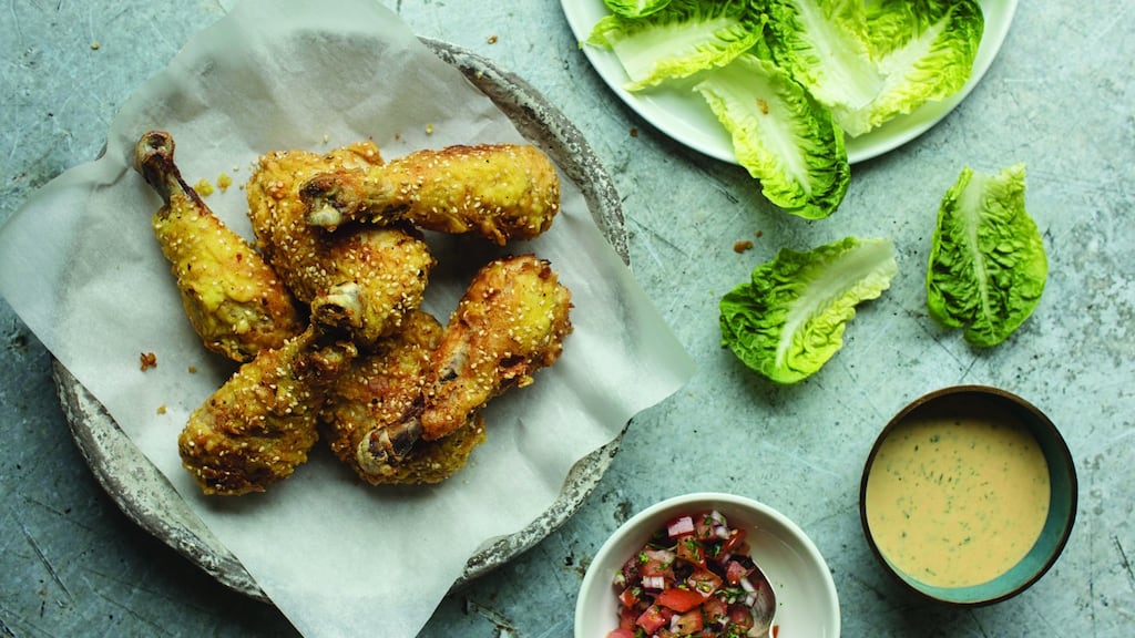 Fried spiced chicken with tomato aioli and salsa cruda
