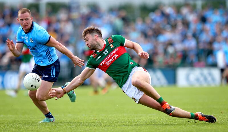 Mayo’s Aidan O’Shea and Dublin's Ciaran Kilkenny during Sunday's All-Ireland  Senior Football Championship match. Photograph: Ryan Byrne/Inpho