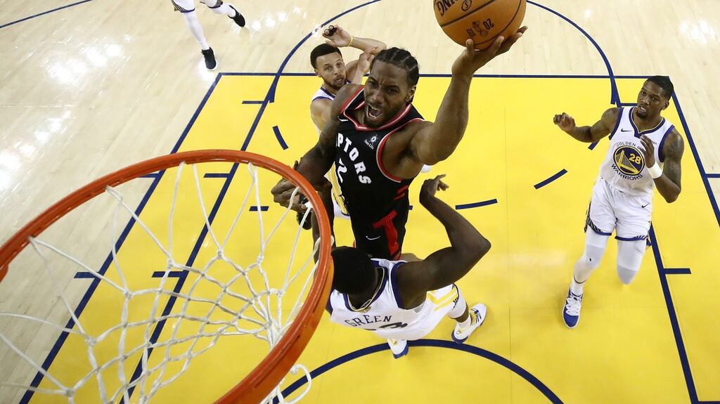 Kawhi Leonard of the Toronto Raptors attempts a shot against the Golden State Warriors during Game Three of the 2019 NBA Finals. Photo: Ezra Shaw/Getty Images