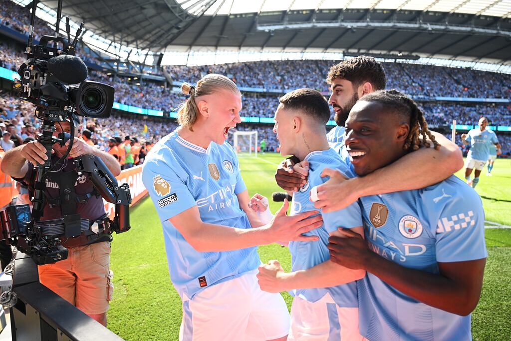 Phil Foden of Manchester City celebrates scoring his team's first goal with team-mates during the Premier League match against West Ham at the Etihad Stadium. Photograph: Michael Regan/Getty Images