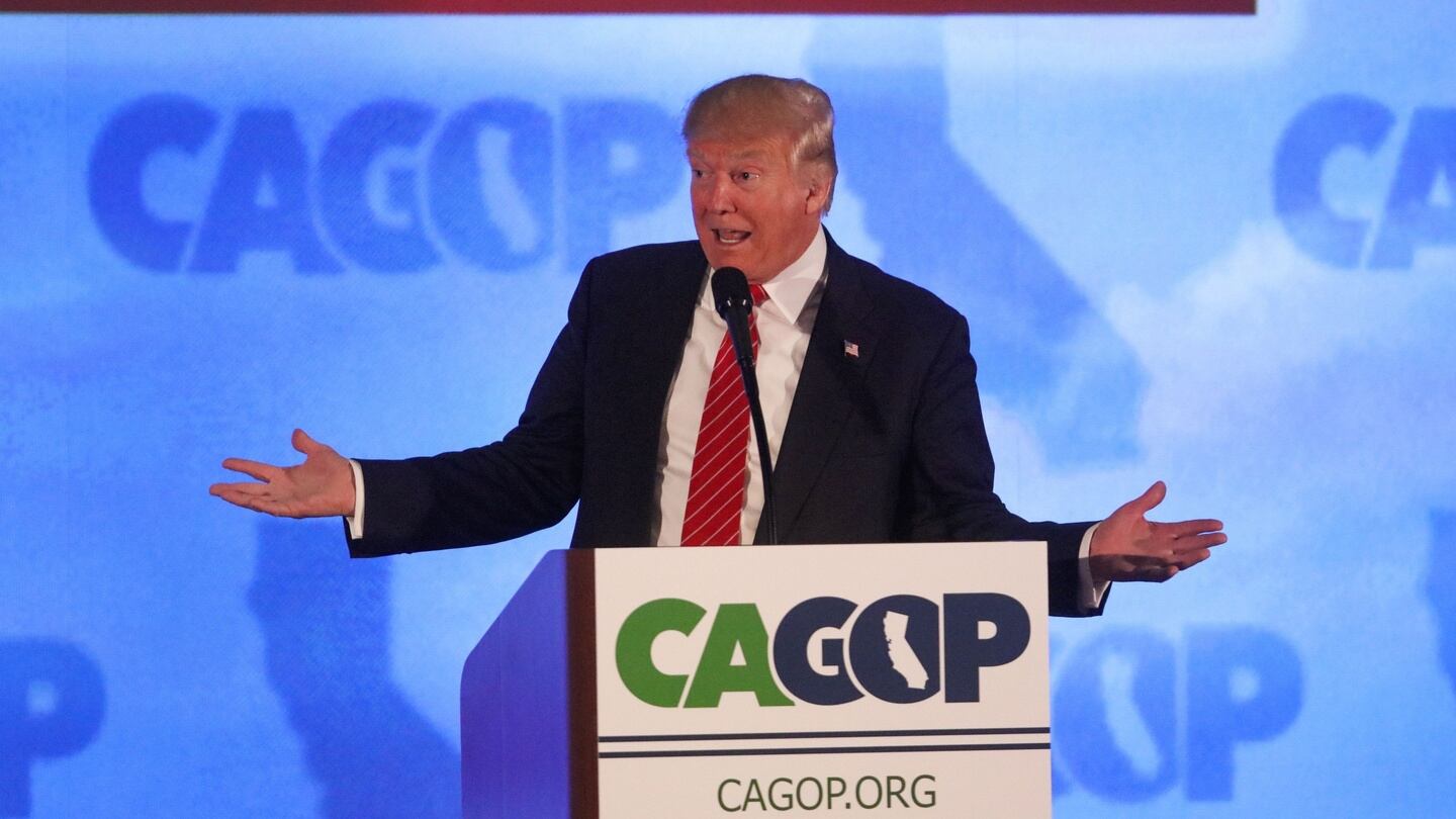 US Republican presidential candidate Donald Trump addresses the California Republican Party 2016 Convention in Burlingame, California, April 29, 2016. Photograph: AFP