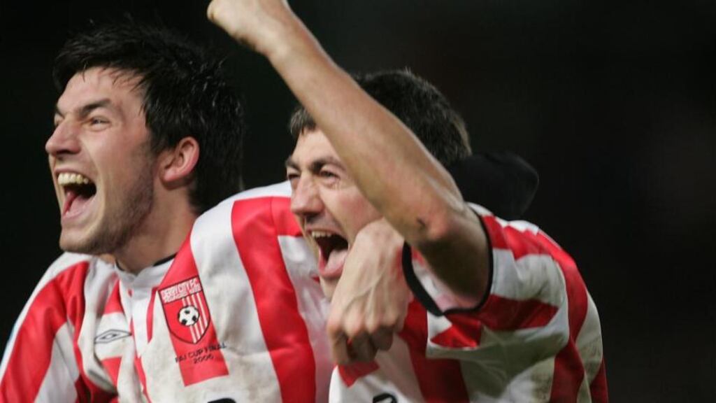 Killian Brennan (left) produced another free-kick special, this time for St Patrick’s Athletic, to send old club Derry City to defeat in the Premier Division clash at the Brandywell. Photograph: Alan Betson/The Irish Times