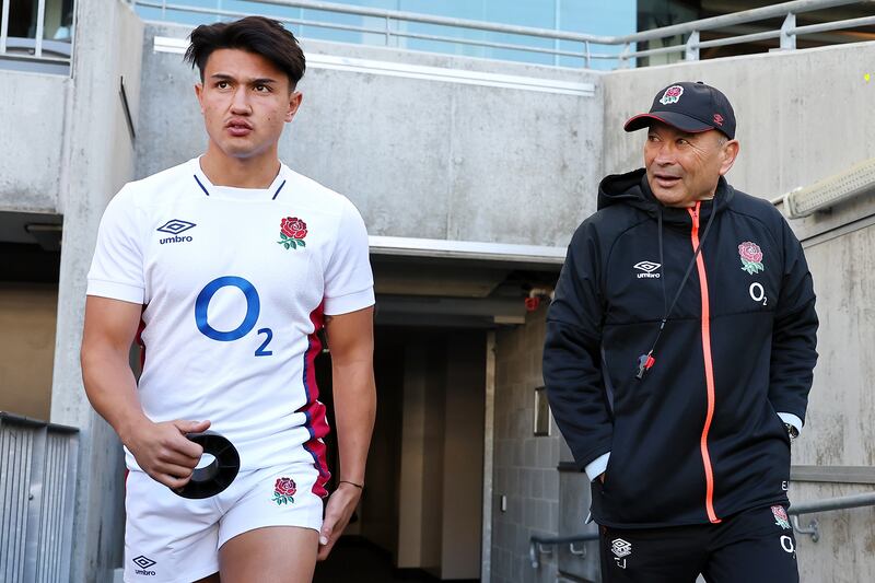 Marcus Smith and England coach Eddie Jones during the England Rugby squad captain's run at Optus Stadium in Perth on July 1st. Photograph: Paul Kane/Getty Images