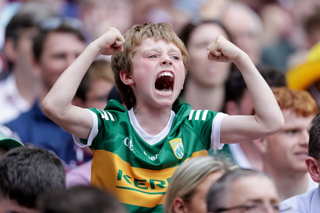 A young Kerry fan celebrates during the All-Ireland SFC Final against Galway at Croke Park. Photograph: Laszlo Geczo/Inpho