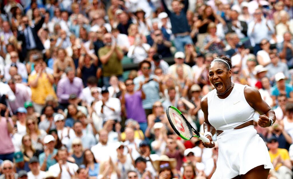 Serena Williams celebrates her victory over Alison Riske in their Wimbledon quarter-final. Photograph: Nic Bothma/EPA