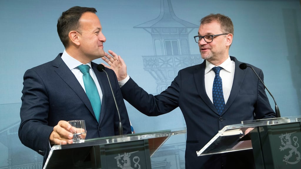 Taoiseach Leo Varadkar and Finnish prime minister Juha Sipila in Helsinki, Finland, on Tuesday. Photograph: Mauri Ratilainen/EPA