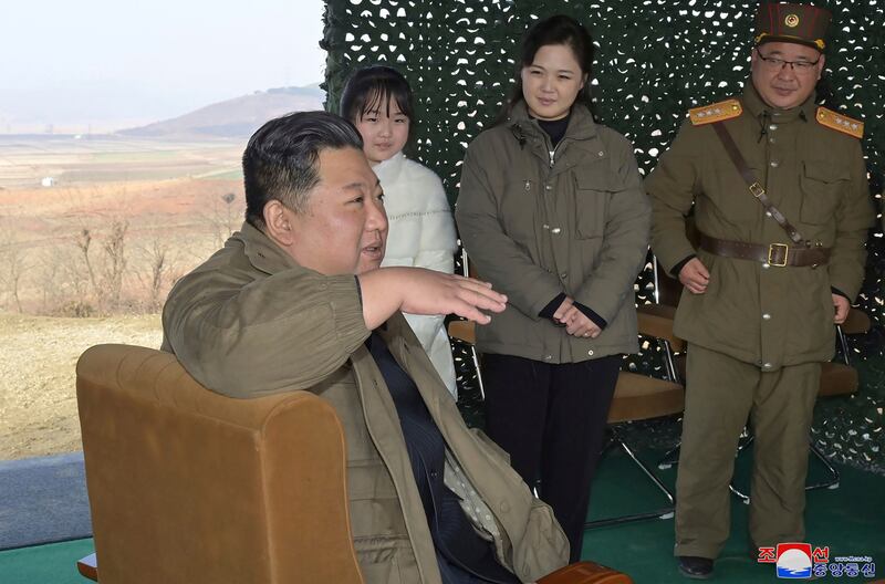 Kim Jong-un accompanied by his wife Ri Sol Ju and his daughter. Photograph: Korean Central News Agency/Korea News Service/AP