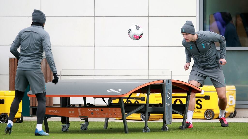 Tottenham’s Eric Dier playing Teqball at the Tottenham Hotspur training ground in London. Photograph: PA