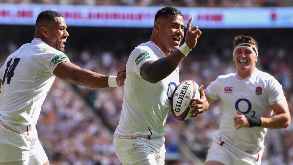 Manu Tuilagi celebrates a try against Ireland at Twickenham. Photograph: David Ramos/Getty