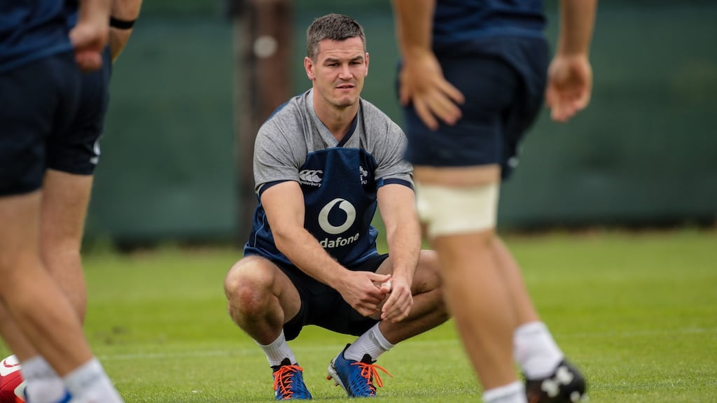Ireland outhalf Johnny Sexton holds his thumb during a training session at Carton House on Tuesday morning.  Photograph: Billy Stickland/Inpho