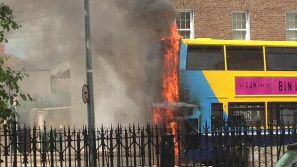 A Dublin Bus on fire on the Harold’s Cross Rd in Dublin this afternoon. Photograph: @Psycrow via Twitter