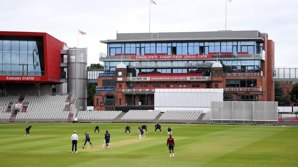 The West Indies play the first day of a warm-up match at Old Trafford on Tuesday. Photograph: Gareth Copley/PA