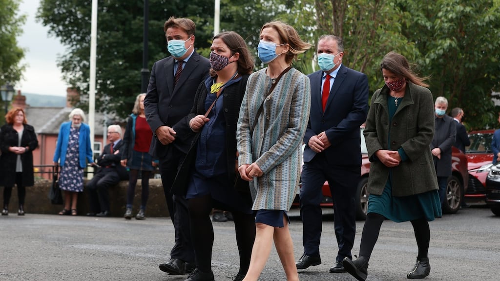 The children of Pat and John Hume at their mother’s funeral. From left, John jnr, Mo, Therese, Aidan and Áine. Photograph: Liam McBurney/ PA