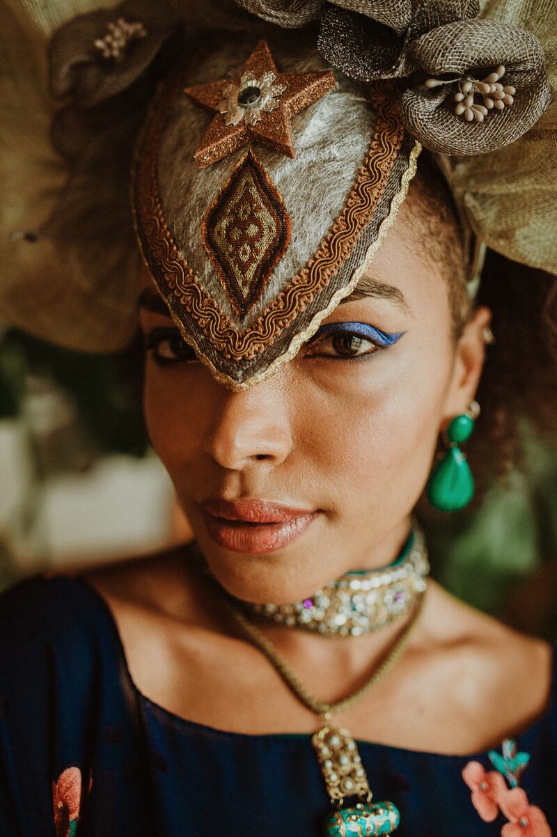 Elephant Queen headpiece €254, Painted Lady kaftan €262, butterfly belt €92, Cleopatra choker €76. Photograph: Kate Bean