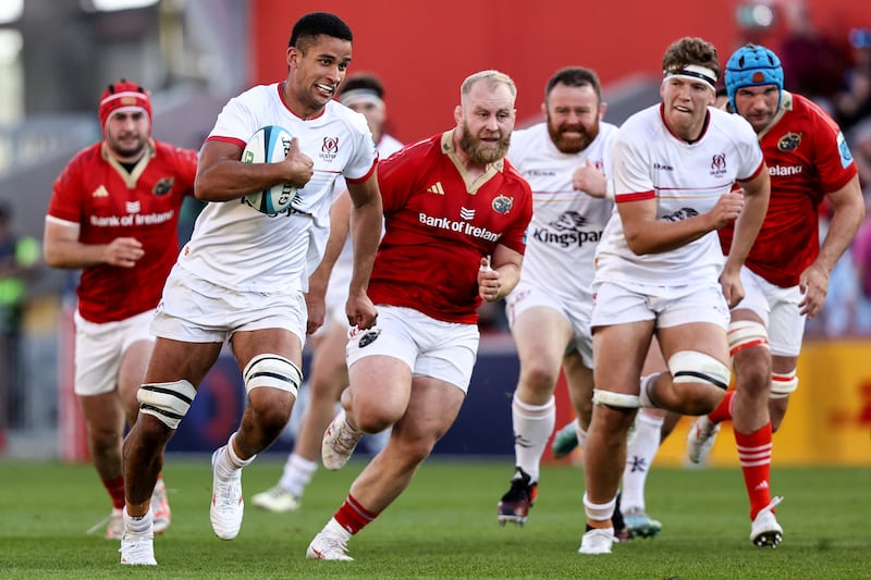Ulster's Cormac Izuchukwu makes a break against Munster. Photograph: Ben Brady/Inpho