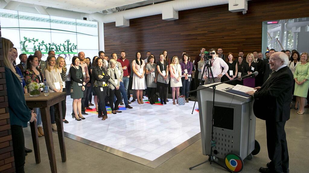 President Michael D Higgins addressing Google staff. He was presented with a sketch of the famous Google sign adapted with shamrocks, designed Limerick student Evan O’Sullivan Glynn for  Doodle for Google.
