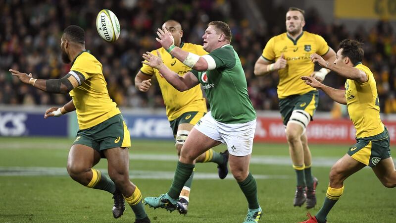 Ireland’s Tadhg Furlong attempts a ’Hollywood’ pass in the first half. Photograph: Getty Images