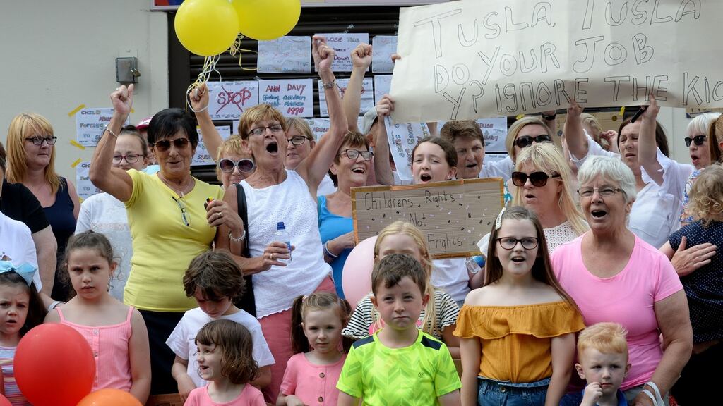 Local residents protesting outside the Hyde and Seek Childcare facility in Drumcondra in the wake of the RTÉ Investigates programme. Photograph: Alan Betson