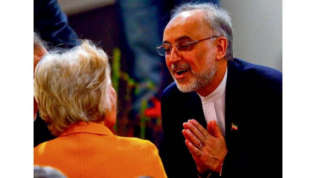 Iranian foreign minister Ali Akbar Salehi talks to Jane Margaret Harman of the Woodrow Wilson Center in Washington at the security conference in Munich yesterday. photograph: michael dalder/reuters