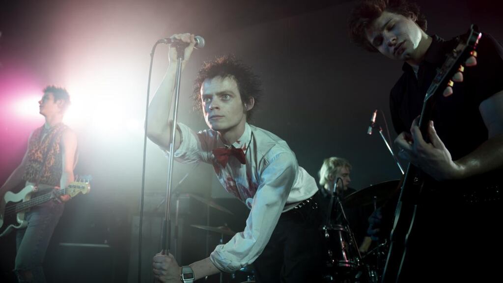 Louis Partridge as Sid Vicious, Anson Boon as John Lydon and Toby Wallace as Steve Jones in Pistol. Photograph: Miya Mizuno/FX
