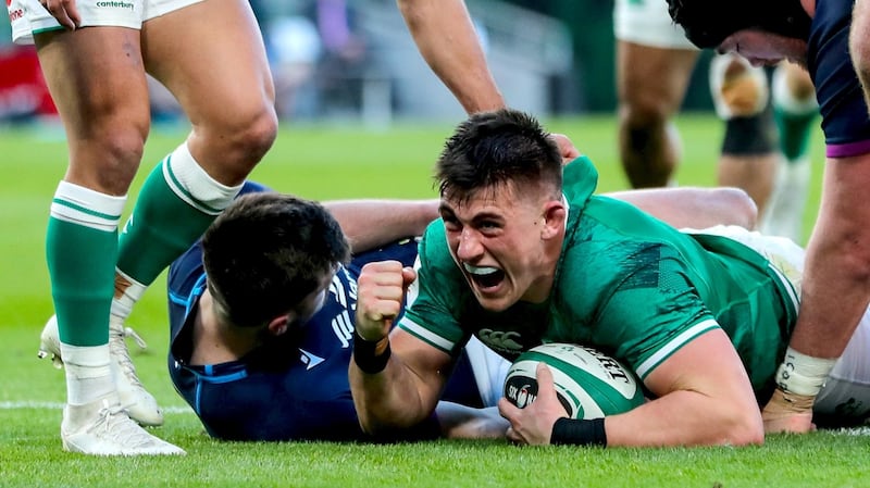 Dan Sheehan celebrates after scoring Ireland’s first try during the Guinness Six Nations match against Scotland at the Aviva Stadium. Photograph: Ben Brady/Inpho