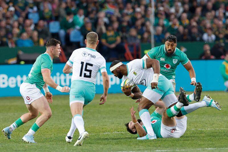 South Africa's Siya Kolisi runs with the ball during the Test match between South Africa and Ireland at Loftus Versfeld stadium. Photograph: Marco Longari/AFP via Getty Images