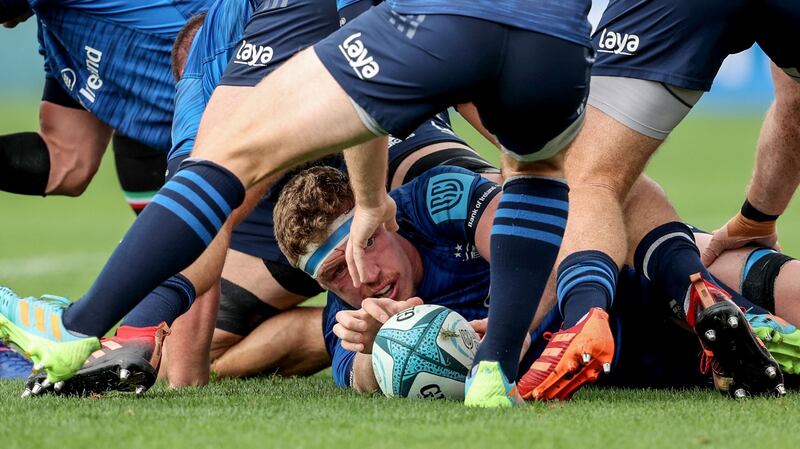 Leinster’s Dan Leavy feeds the ball during a ruck in the United Rugby Championship game against Zebre at the RDS. Photograph: Dan Sheridan/Inpho