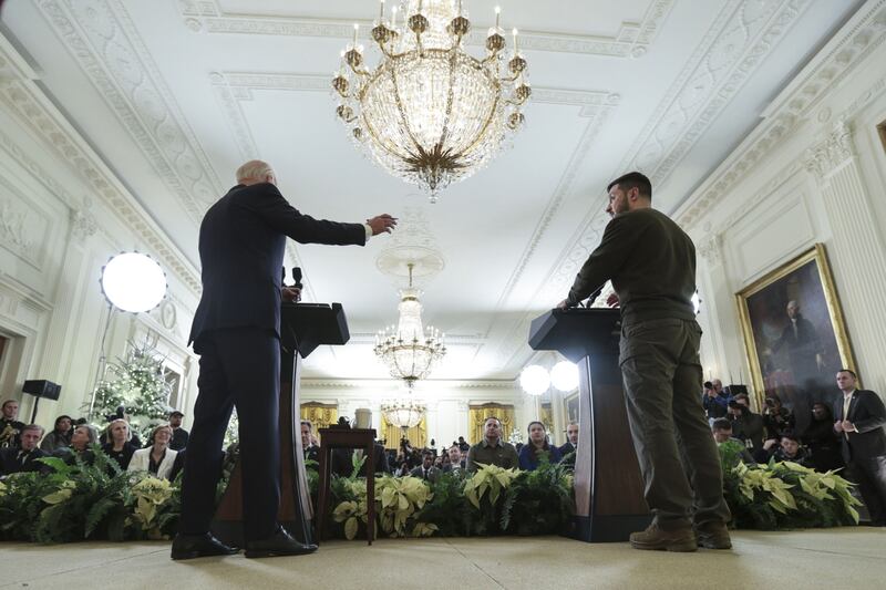 US president Joe Biden speaks during a news conference with Volodymyr Zelenskiy, Ukraine's president, in the East Room of the White House on Wednesday. Photograph: Oliver Contreras/Sipa/Bloomberg