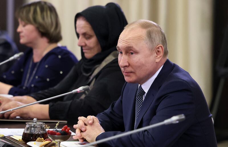 Russian President Vladimir Putin meets with mothers of Russian soldiers fighting in Ukraine. Some soldiers’ relatives criticised the meeting, saying Mr Putin would only meet women handpicked for their loyalty and pro-Kremlin views. Photograph: Mikhail Metzel/Getty Images