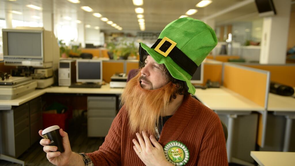 Patrick Freyne getting into the St Patrick’s Day spirit in his Carrolls Irish Gifts outfit. Photograph: Enda O’Dowd