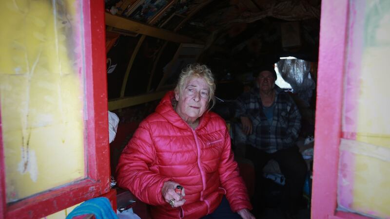 Helen (Nellie) and her husband Willie Reilly inside their wagon on a halting site just off the M8 at Cashel, Co Tipperary. Photograph: Laura Hutton