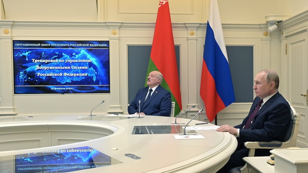 Russian president Vladimir Putin with Belarusian president Alexander Lukashenko  observe exercises of the Russian strategic deterrence forces with launches of the ballistic missiles from the situation center in the Moscow Kremlin. Photograph: Aleksey Nikolskyi/ Sputnik/